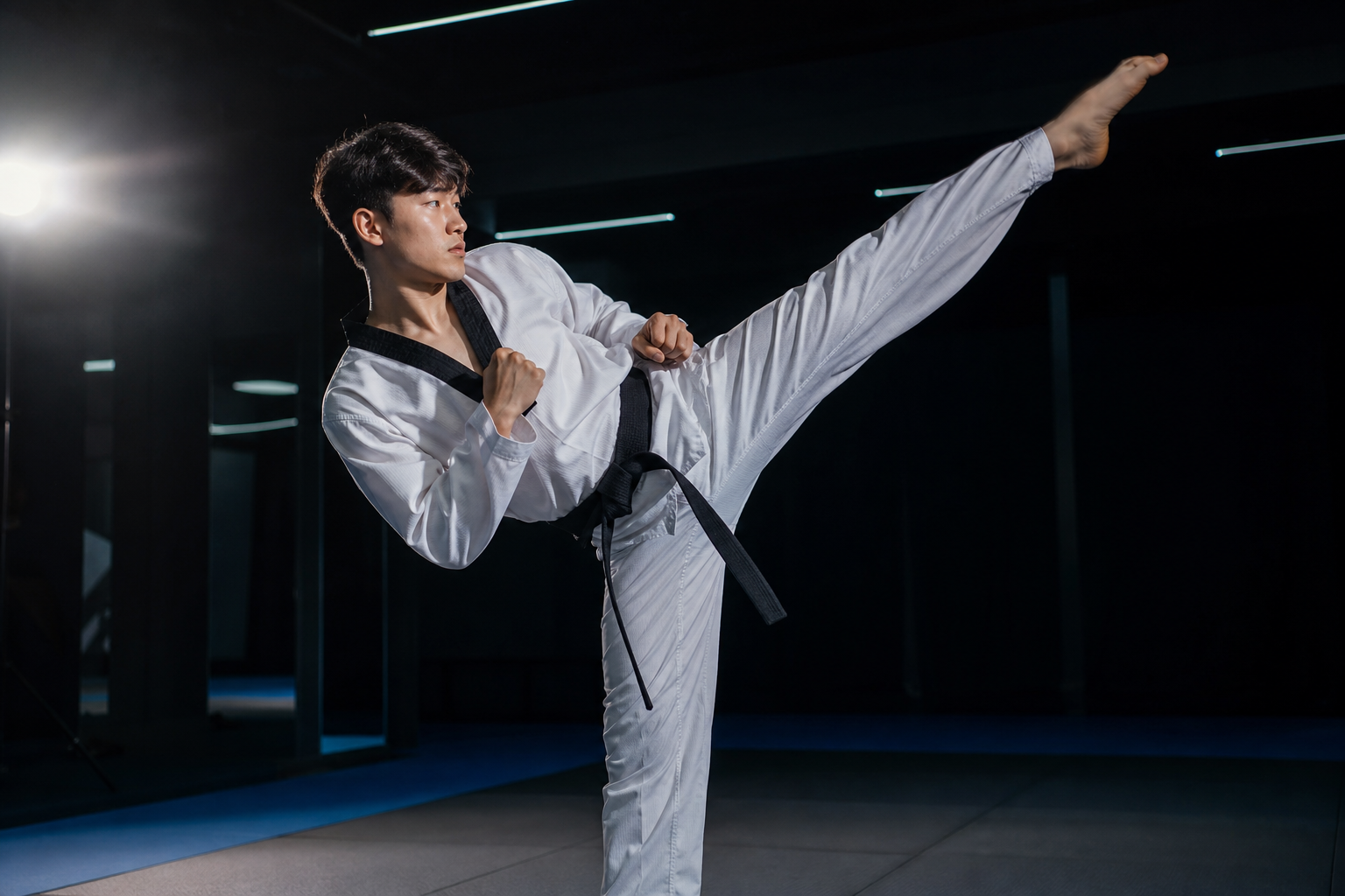 Taekwondo athlete performing a high kick